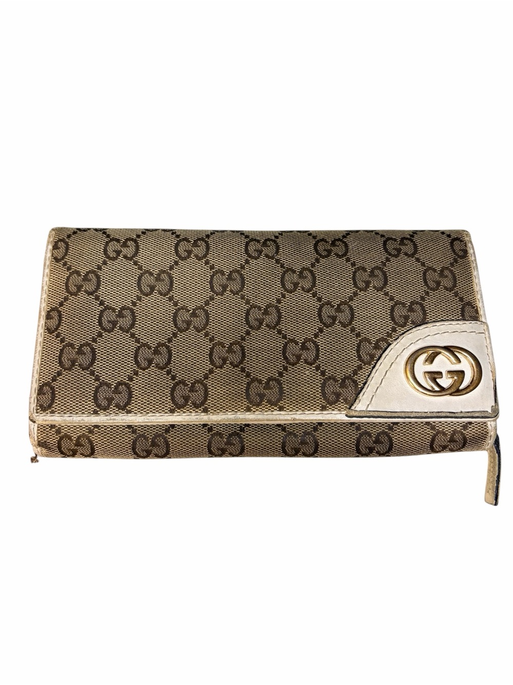 Gucci Beige GG Canvas Zip Wallet with Gold Logo 100% Authentic